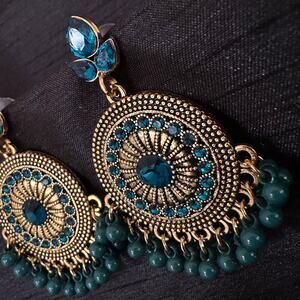 Bollywood Desi Boho Jhumka Oxidized Gold Tone with Dark Teal Accents Earrings